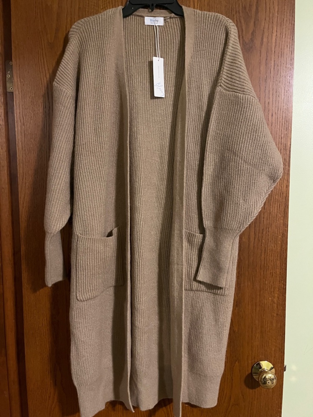 Bluivy Open-Front Ribbed Cardigan in Camel